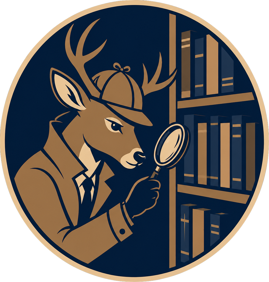 Deer detective looking for copy in the bookshelf