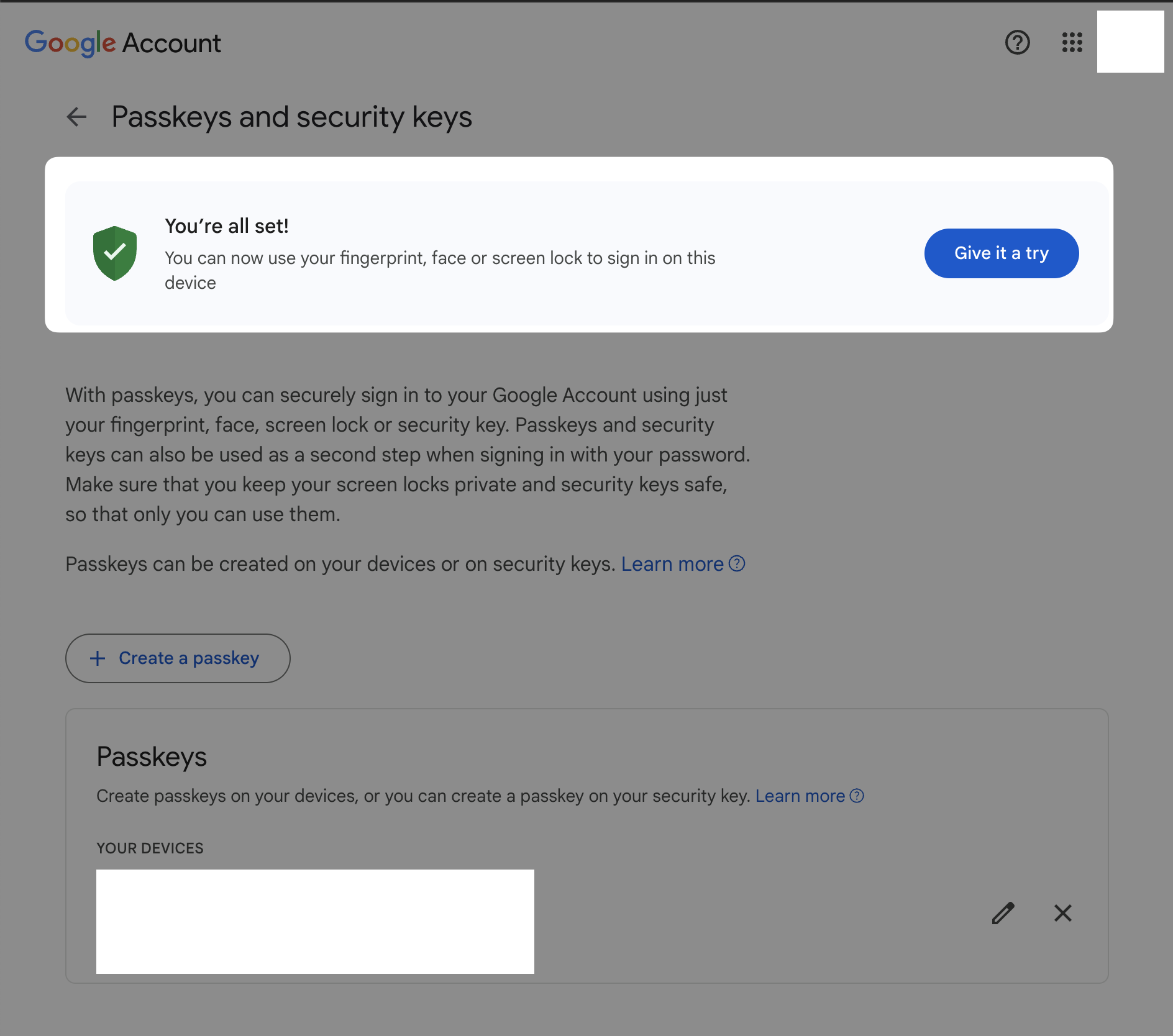 Google Account passkeys and security keys