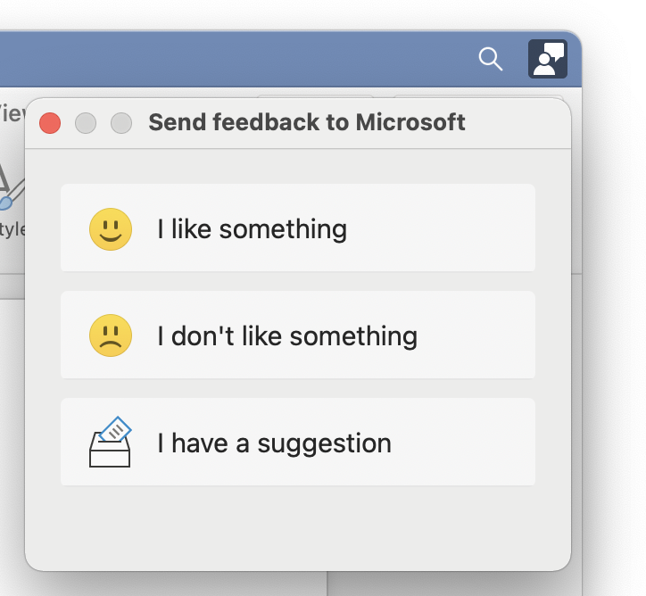 Word top bar: right corner > Feedback icon > Feedback Options