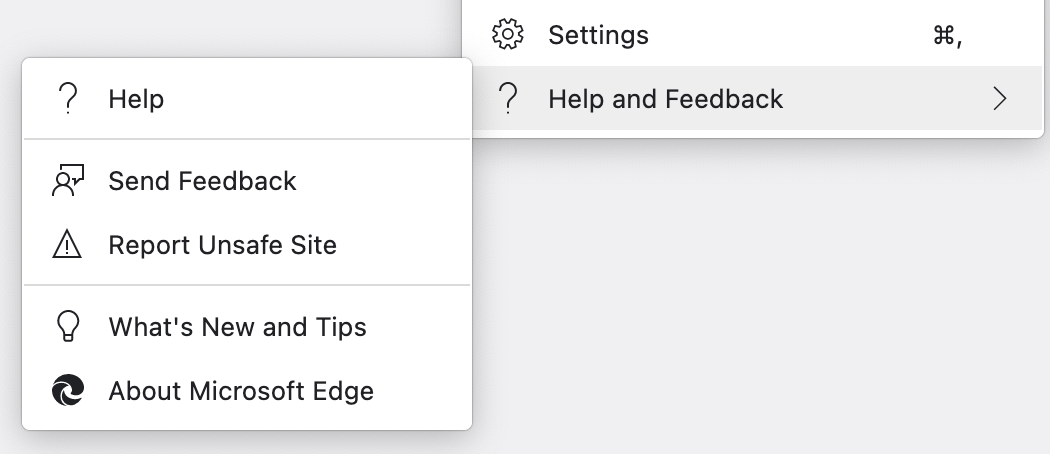 Edge's menu: Hamburger button > Help and Feedback > Send Feedback