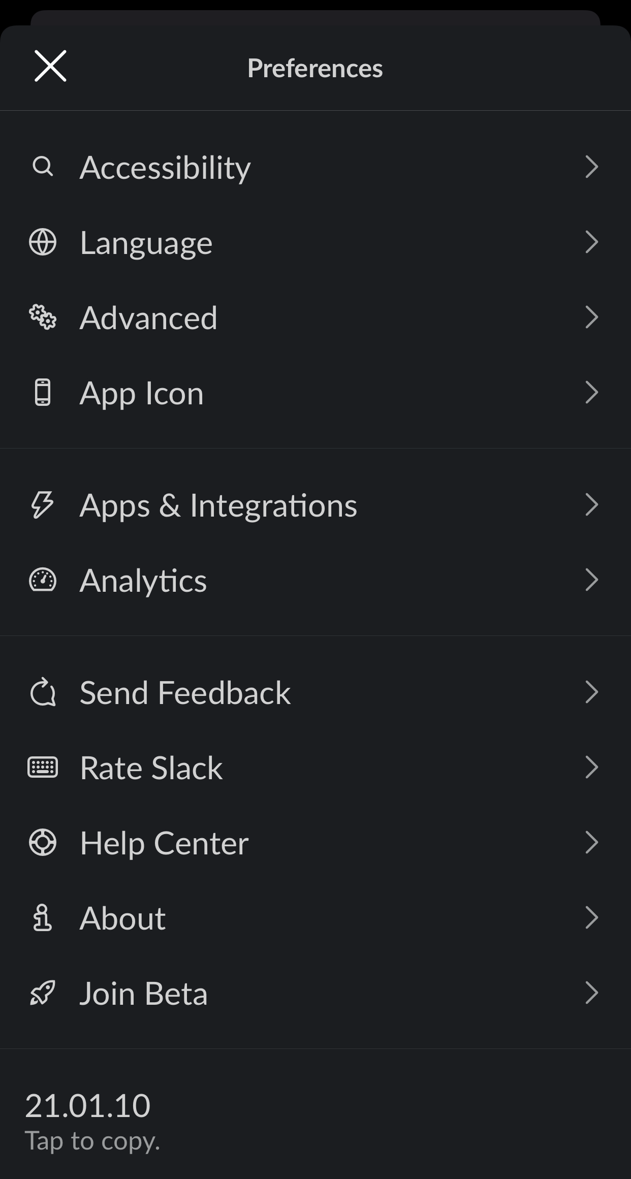Slack iOS app settings