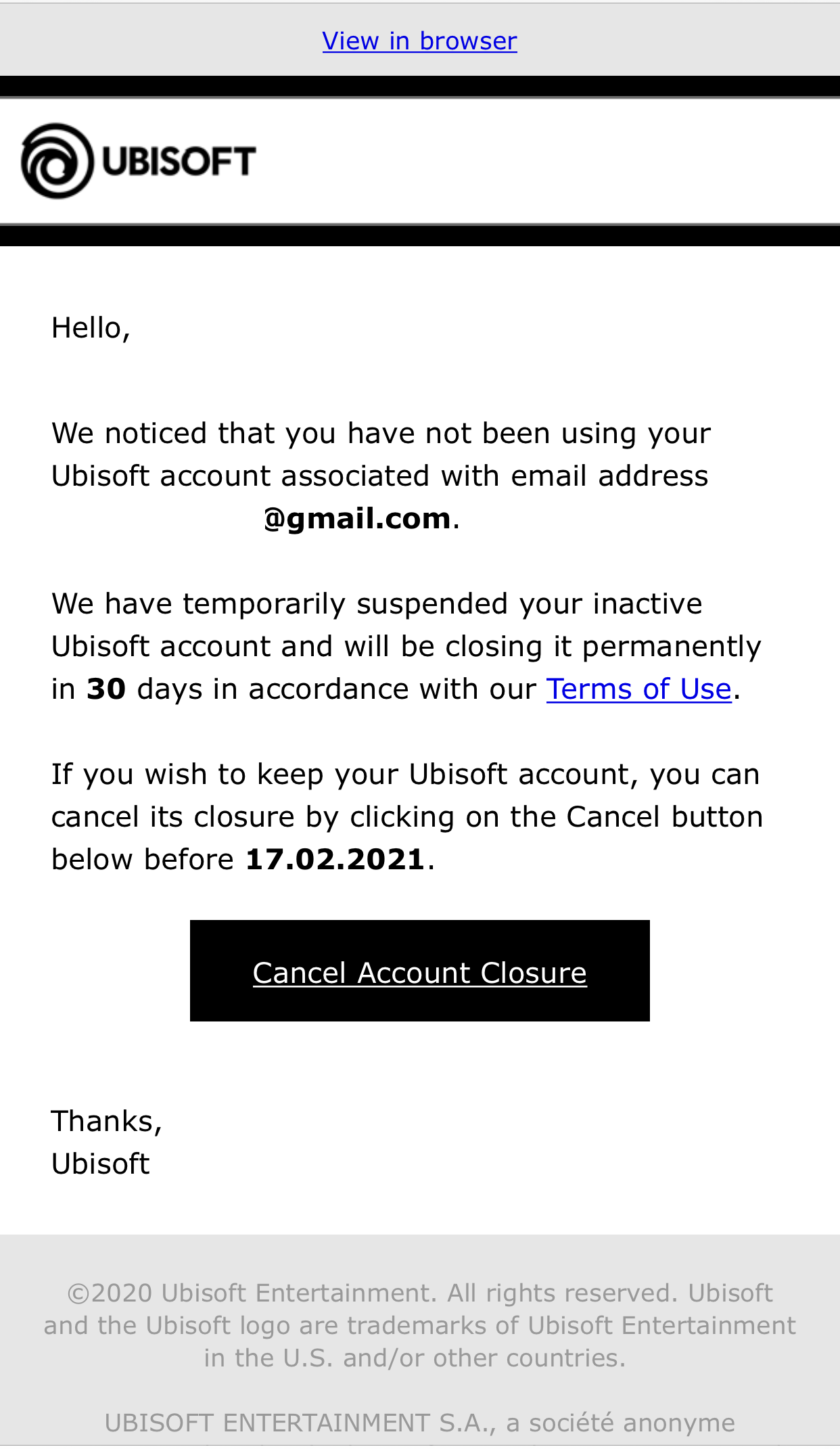 Screenshot of the Ubisoft account closure email
