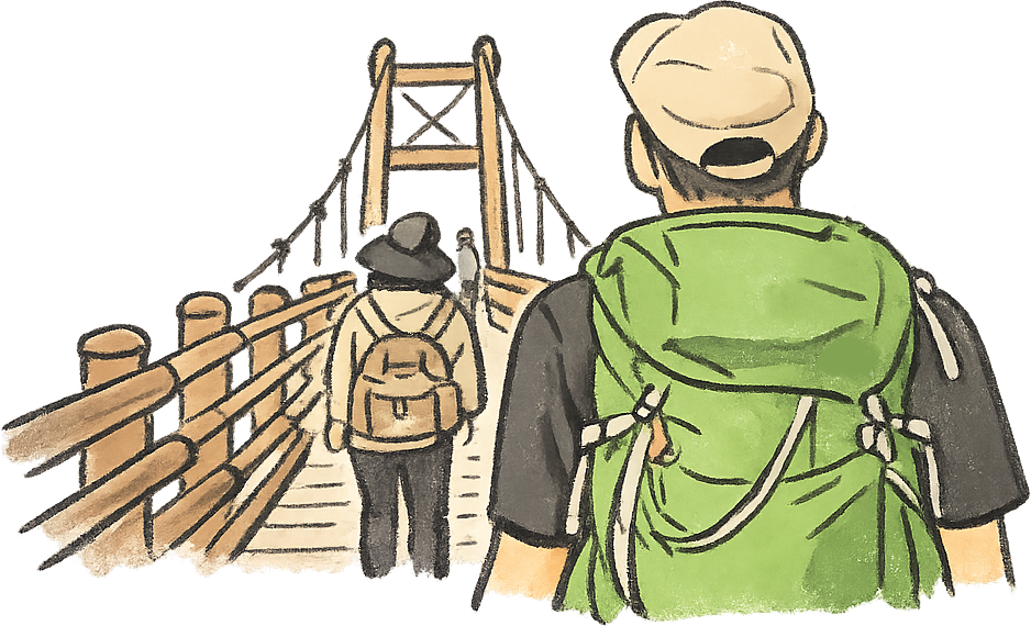Hiking across a suspension bridge in Kamikochi