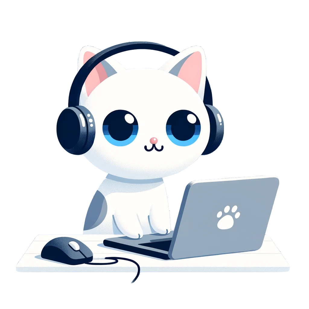 ahandsel Cat, white cat coding on a laptop
