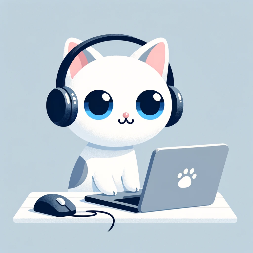 ahandsel Cat, white cat coding on a laptop