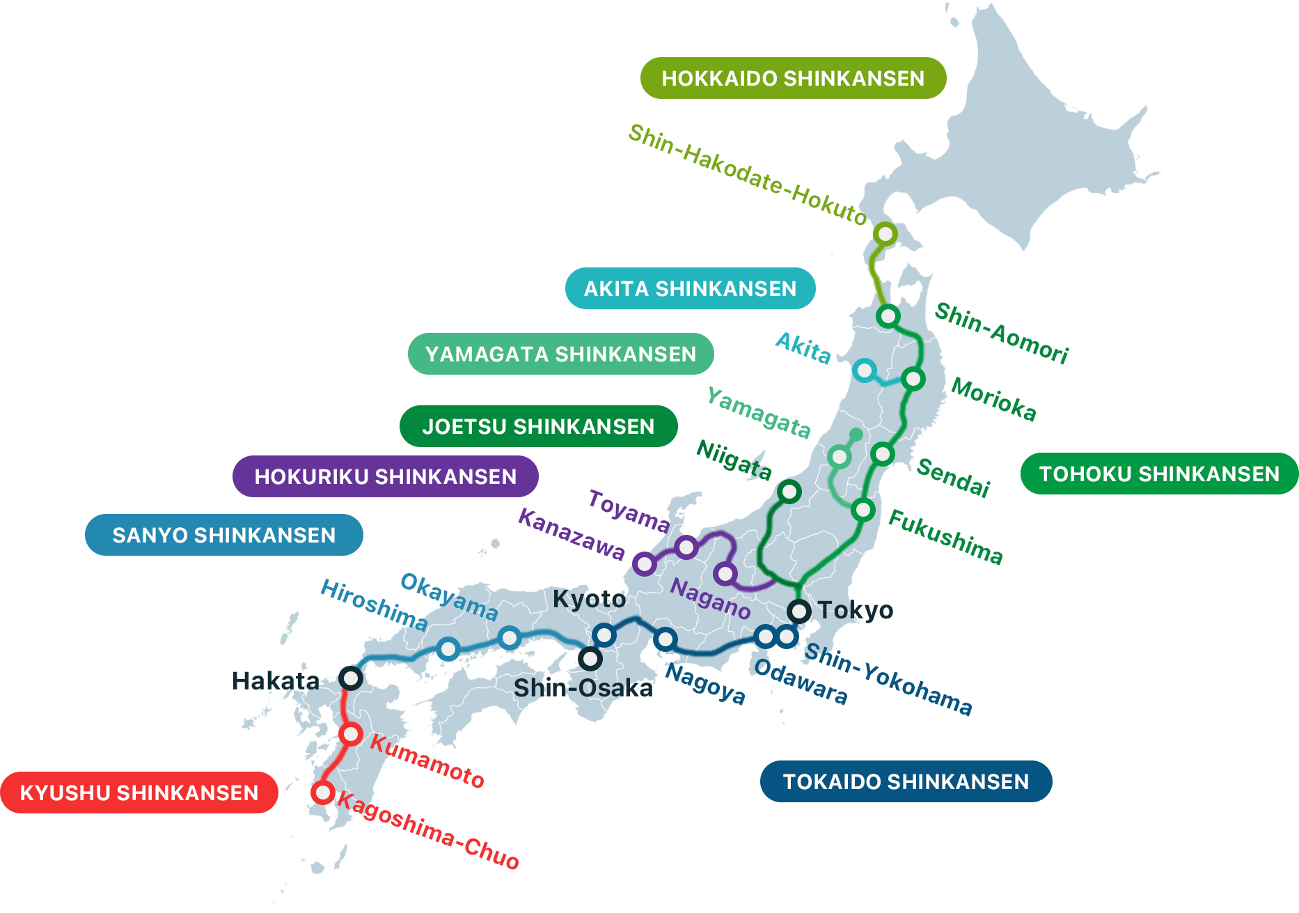 Map of Japan with all the main Shinkansen lines outlined