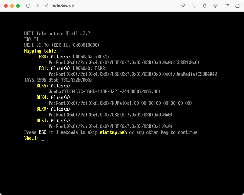 Screenshot of UEFI Iterative Shell v2.2 screen