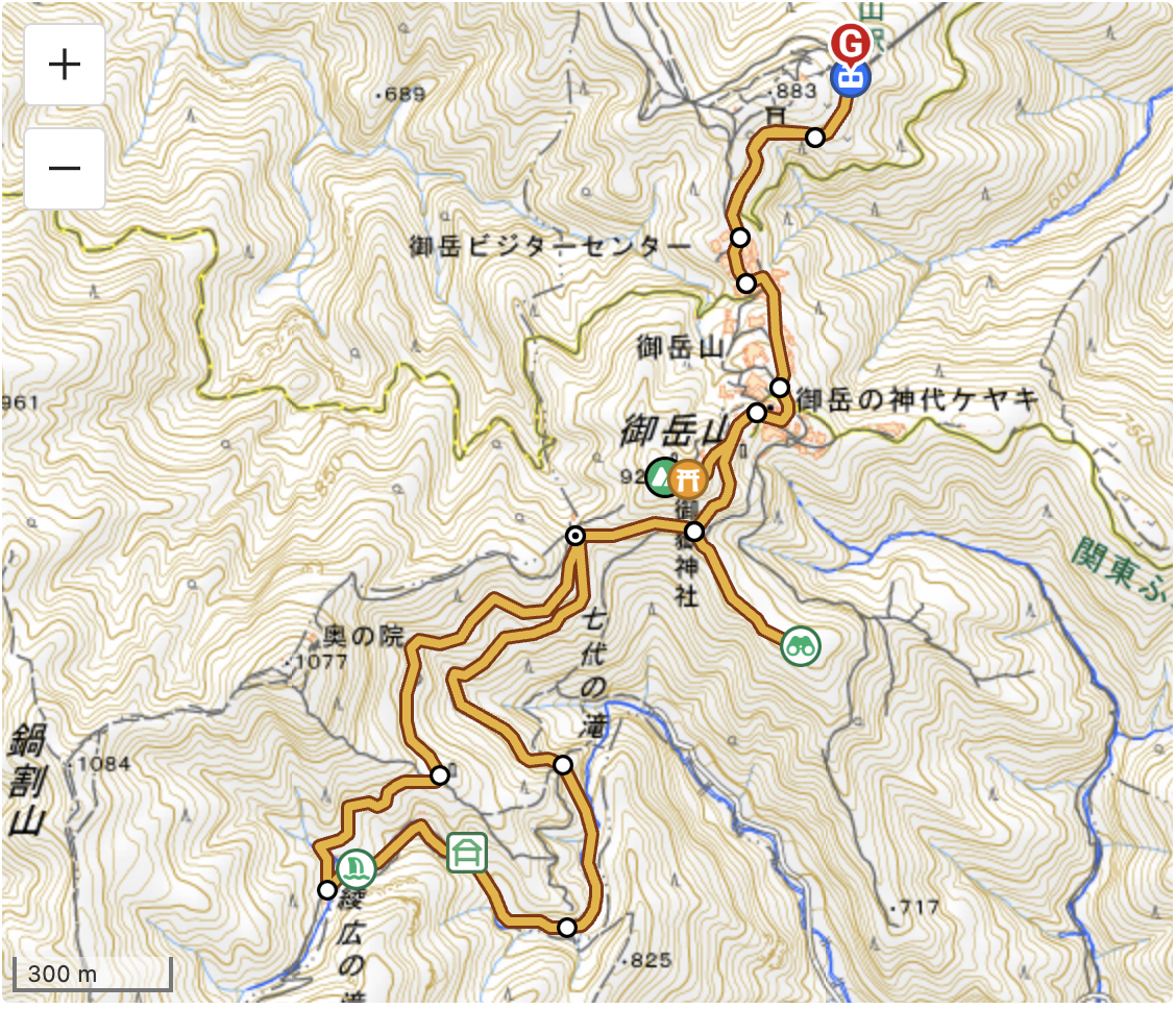 Map showing the loop from Mitakesan cable car station past Mitake Shrine to the Rock Garden and Ayahiro Falls, returning via the same ridge